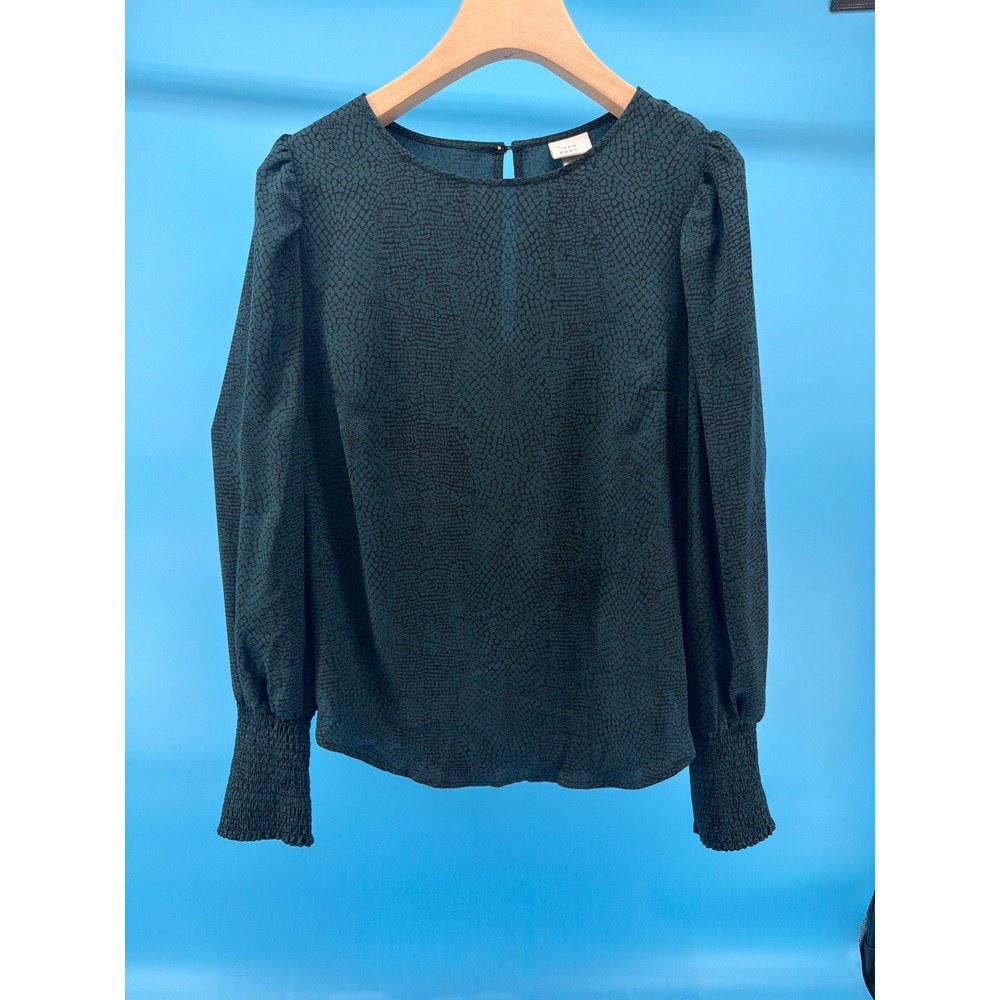 A New Day Teal Green Snakeskin Print Smocked Cuff Puff Sleeve Blouse Small - Picture 1 of 5